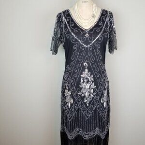 Classic 1920's Style Black Organza Beaded Flapper Style Dress NEW w/Tags Large